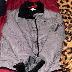 Striped corduroy Jacket with Black Fur Trim